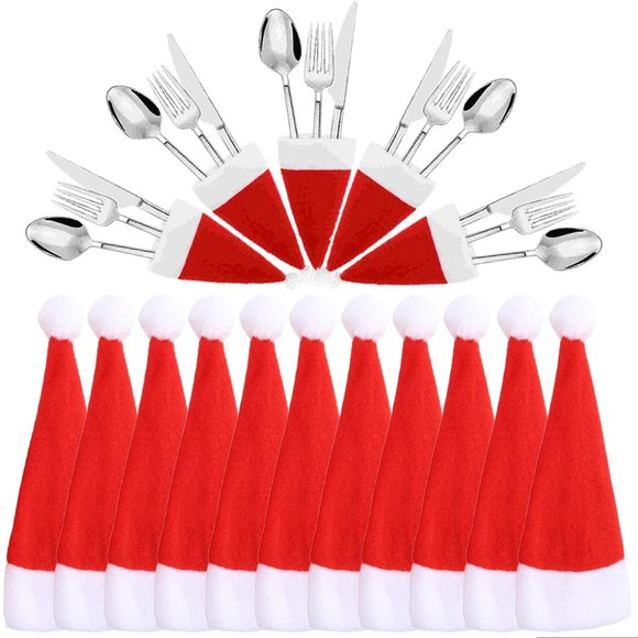 NEW Set Of 10-Pieces Christmas Hat Bottle Cutlery Holders - Picture 2 of 9